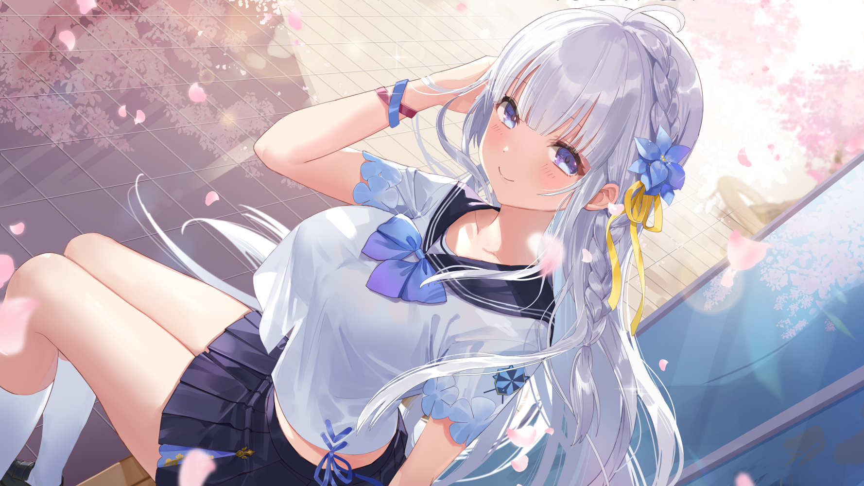 he image is a digital drawing of an anime girl with long, white hair styled in a braid.  she's wearing a light blue sailor uniform with a dark blue collar and skirt.  a blue bow adorns her shirt. a blue flower is in her hair and she has a yellow ribbon tied around her braid.  she's smiling and has her hand in her hair.  pink petals are falling around her. she's sitting with her legs slightly spread and looks towards the viewer. the background suggests an outdoor setting with a hint of sunshine and a tiled floor visible. the overall style is bright and cheerful.