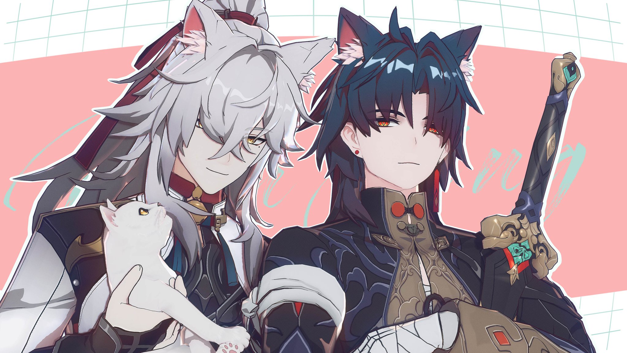 the image shows two anime boys. one with white hair and the other with black hair. both of them are wearing clothes inspired by traditional japanese fashion. the boy with white hair is holding a white cat in his arms. the boy with black hair is standing behind him, and is holding a sword that is partly visible. both boys are looking at the camera. the image is drawn in a cute and adorable style.