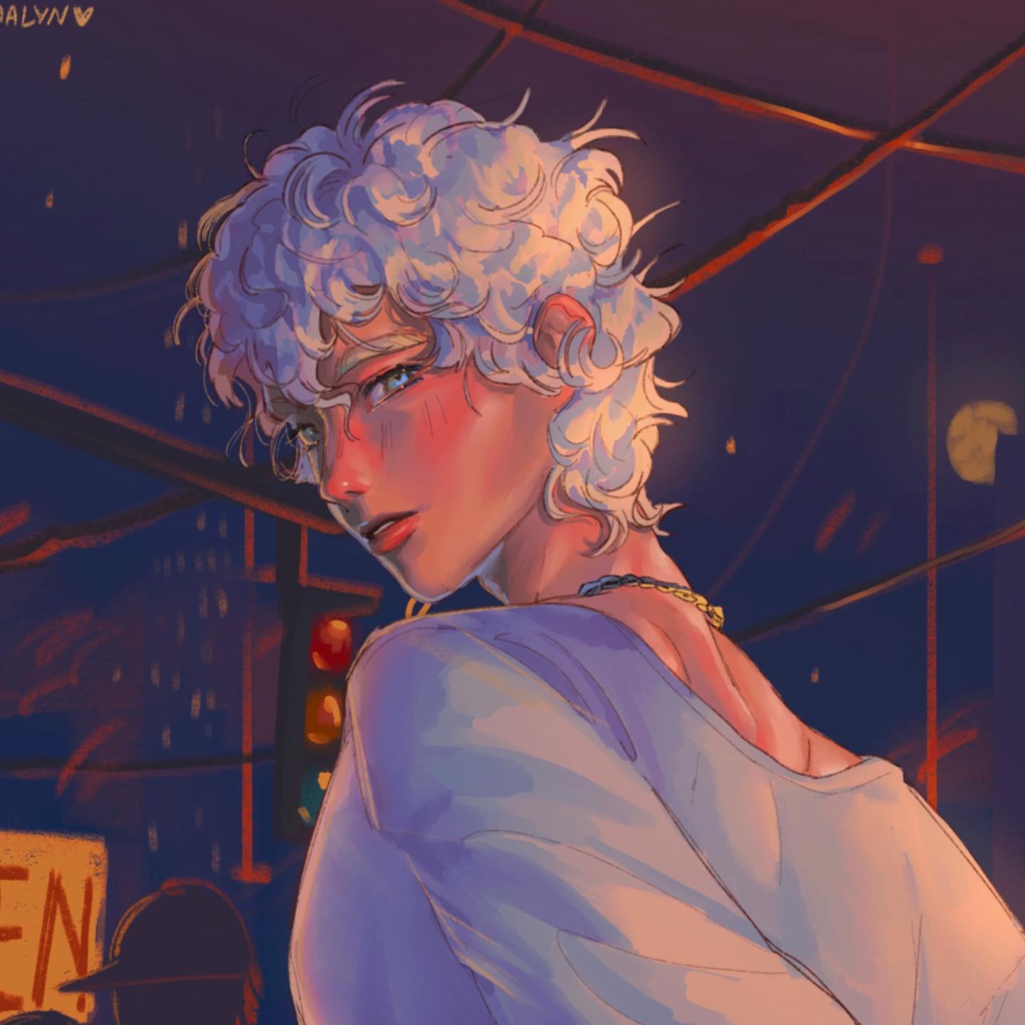 the image is a digital painting or illustration of a young animestyle man. he has shoulderlength, curly white hair and fair skin with a subtle glow. his expression is pensive, and he is looking over his shoulder at the viewer. he's wearing a simple, light purple or lavender colored loosefitting top.  a gold necklace is visible at his neck. the background is a blurred night scene of a city with streetlights and dark buildings, creating a romantic, dreamy atmosphere. the art style is painterly and soft, with warm lighting focusing on the subject.  the overall aesthetic is stylish and artistic.