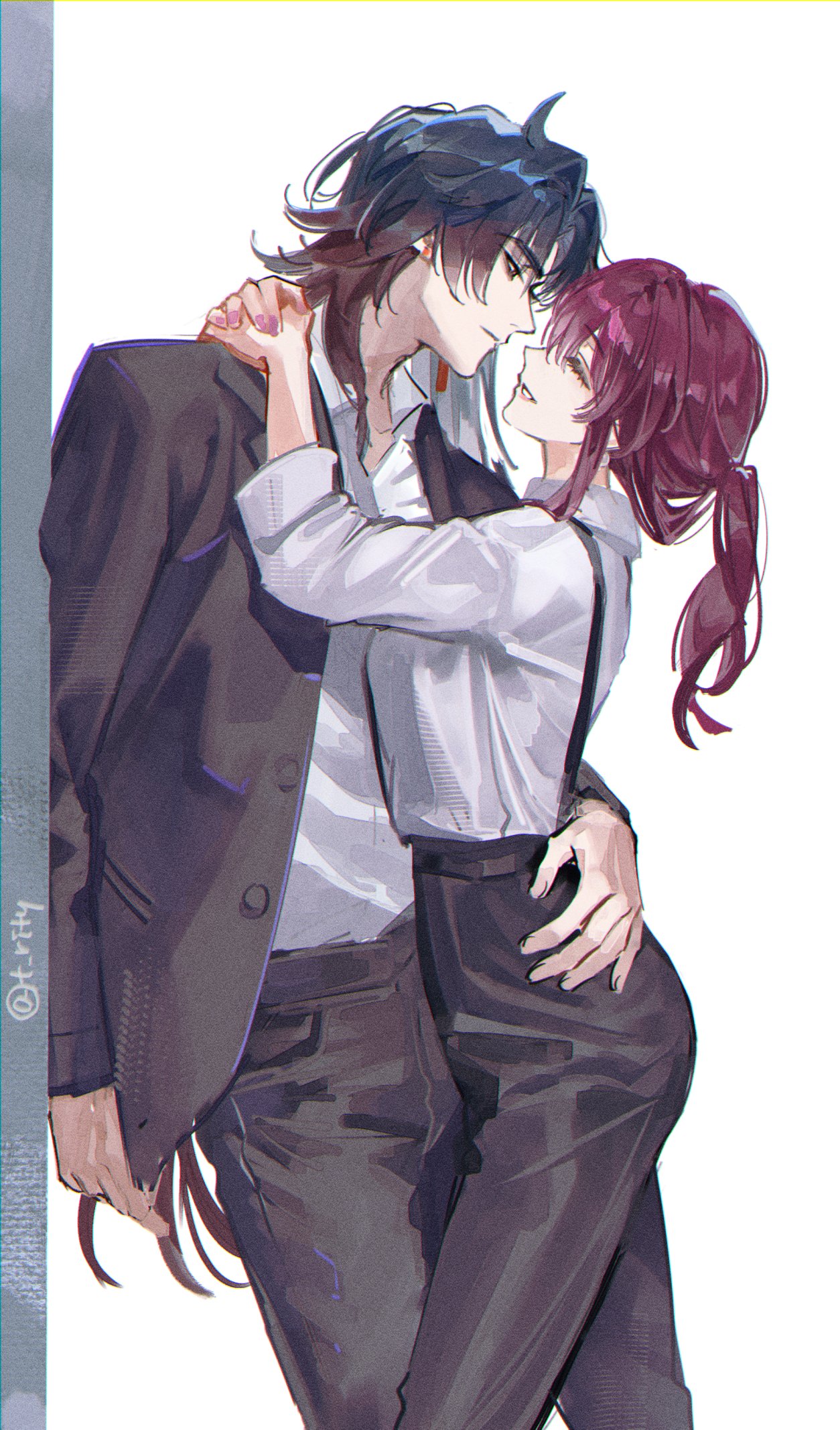 the image depicts a romantic scene between an animestyle couple. the man, with dark hair and wearing a suit, embraces the woman from behind. she has reddishbrown hair and wears a more casual outfit.  the style is soft and painterly, with a focus on emotion and intimacy. the color palette is muted and sophisticated.  the couple appear very close and affectionate. the overall impression is one of romantic love and passion.