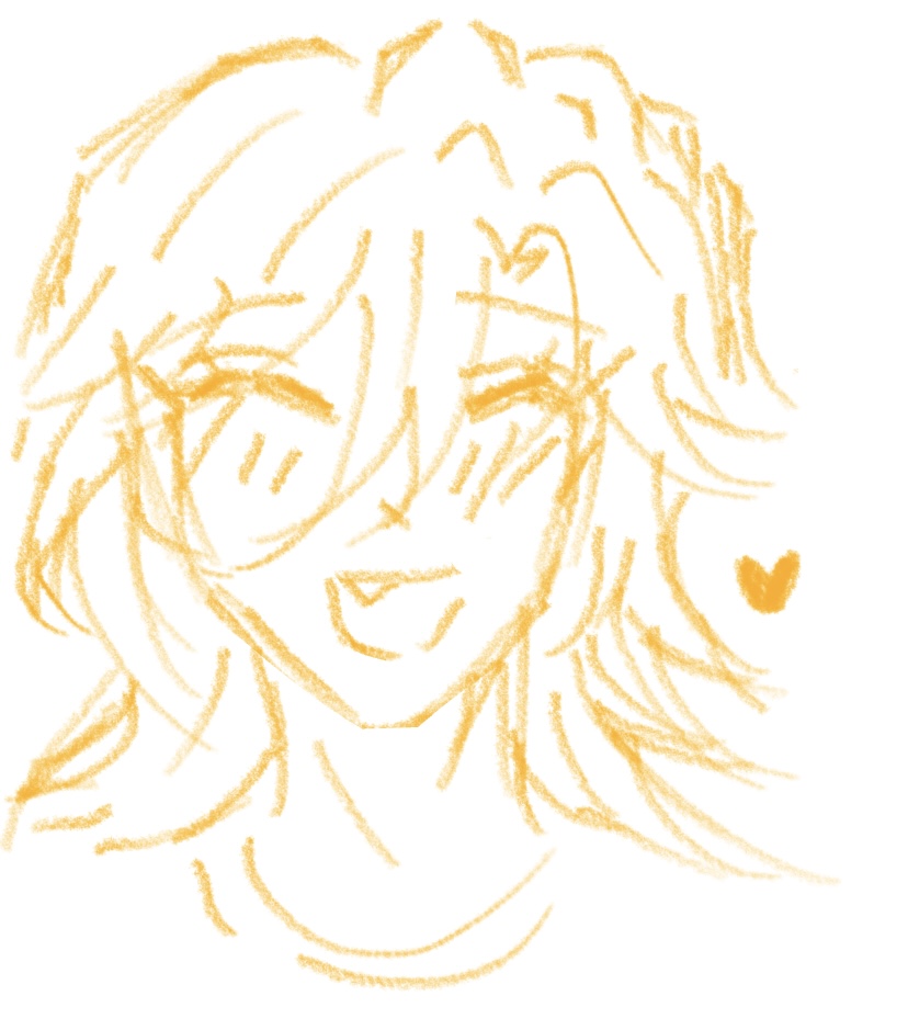 a simple, sketchy drawing of an animestyle girl with blonde hair.  the style is loose and expressive, using primarily yellow tones. the girl has a happy, smiling expression. the drawing is somewhat abstract and lacks fine detail, focusing more on conveying a feeling of happiness and lightheartedness. a small heart is included near the hair. the overall style is reminiscent of a quick doodle or sketch.