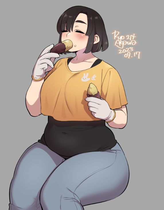 this is an anime style digital illustration of a cute girl with short dark hair. she is wearing a yellow tshirt, blue jeans, and is smiling and blushing while eating a sweet potato. she is sitting with her legs crossed, and her expression is happy and relaxed. she is holding another sweet potato in her other hand, which is adorned with white gloves.  the art style is colorful and whimsical, with soft shading and rounded lines.  the background is a simple light gray.