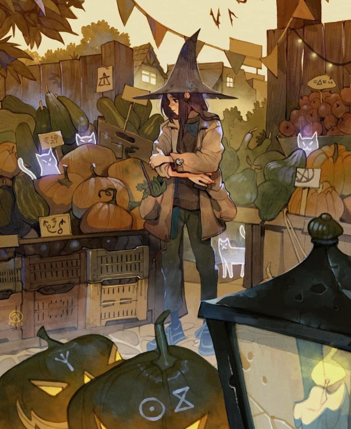 a witch in a pointed hat stands in a bustling market, surrounded by pumpkins, gourds, and cats. the scene is set in a fantastical realm, with a variety of magical items on display. the witch appears to be browsing the market, perhaps looking for ingredients for a spell. the image evokes a sense of magic and mystery, with its rich colors and intricate details.