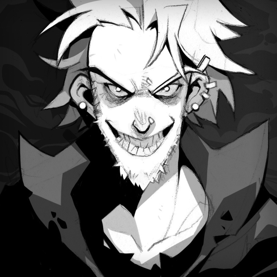 the image is a black and white illustration of a man with a sinister grin. the lighting is dramatic, creating deep shadows and highlights that emphasize the character's malicious expression.  he has spiky hair, piercings, and a shadowed face, contributing to a dark and unsettling atmosphere.