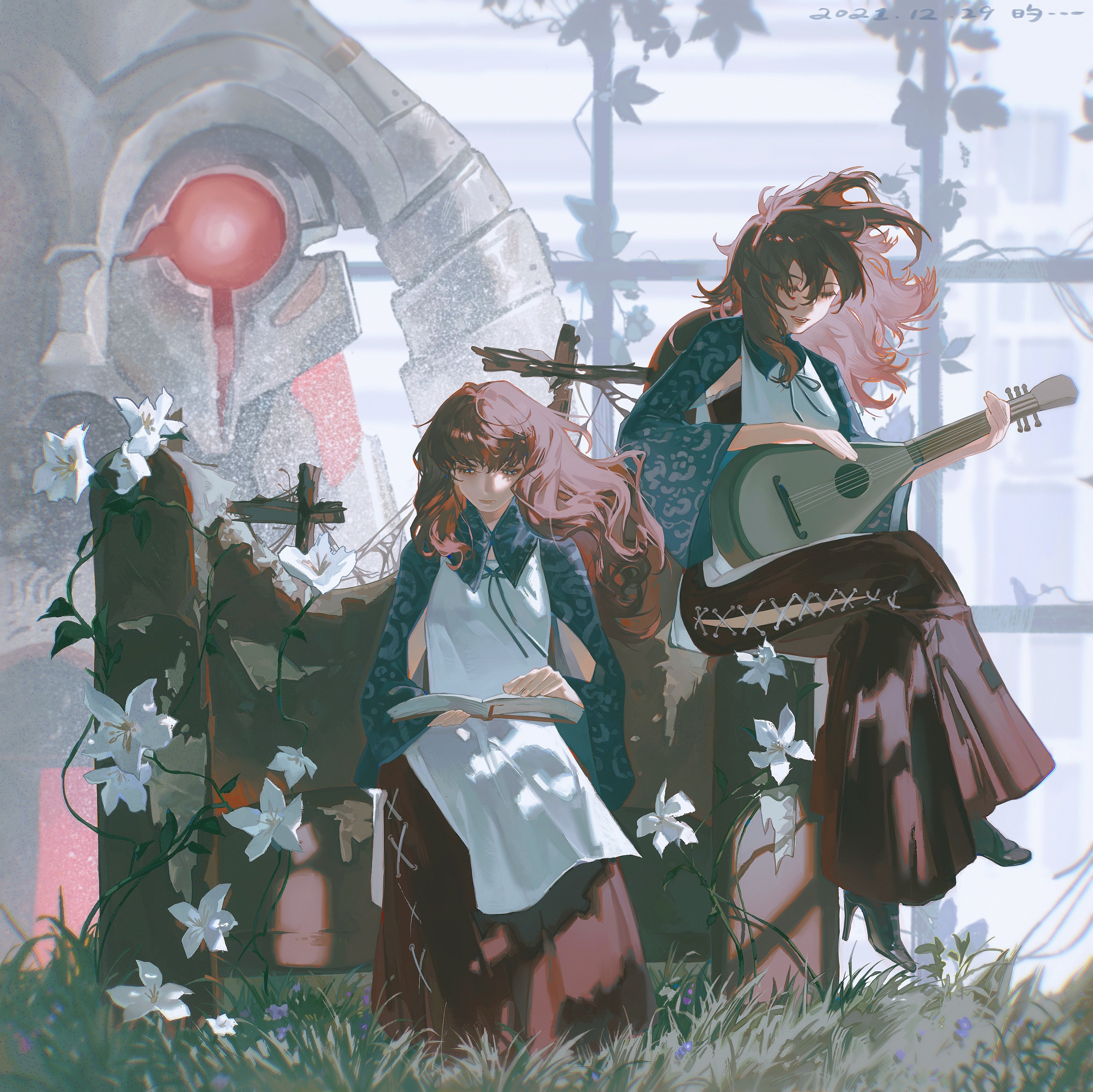 two girls are sitting on a stone bench in a garden setting.  one girl is playing a lute and the other is reading a book.  the garden is filled with white flowers, green plants, and vines.  there is a large stone structure in the background.  the artwork has an anime style with vibrant colors and detailed lines.