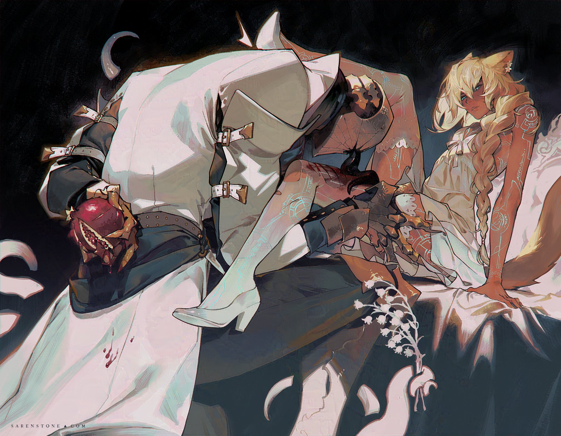 the artwork depicts a scene of dark fantasy romance. a paleskinned woman with long blonde hair and catlike ears lies on a bed, seemingly injured with bloody cuts visible on her legs.  she is dressed in a flowing white garment.  a man, dressed in a long white coat with buckles and straps, is kneeling beside her, holding a bloody pomegranate. his expression is obscured by shadows. the scene is richly detailed, with a focus on rich textures, dramatic lighting, and a color palette of whites, grays, and deep darks that contribute to an overall gothic atmosphere. the presence of the blood and pomegranate suggests a symbolic narrative about sacrifice, pain, or mortality. a cluster of lilies of the valley rests near the woman's hand, adding a touch of delicate contrast to the overall intensity of the image. the style is highly expressive and detailed, reminiscent of digital painting techniques.