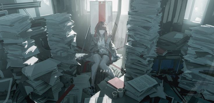 the image is a digital painting or illustration depicting an anime girl with long red hair sitting amidst towering piles of papers and books in what appears to be a cluttered office. she is wearing a white shirt and a dark jacket.  the room is lit by sunlight streaming through a window.  the overall mood is one of being overwhelmed or stressed by the sheer volume of paperwork. the artist's signature or watermark "paper" is visible in the image.