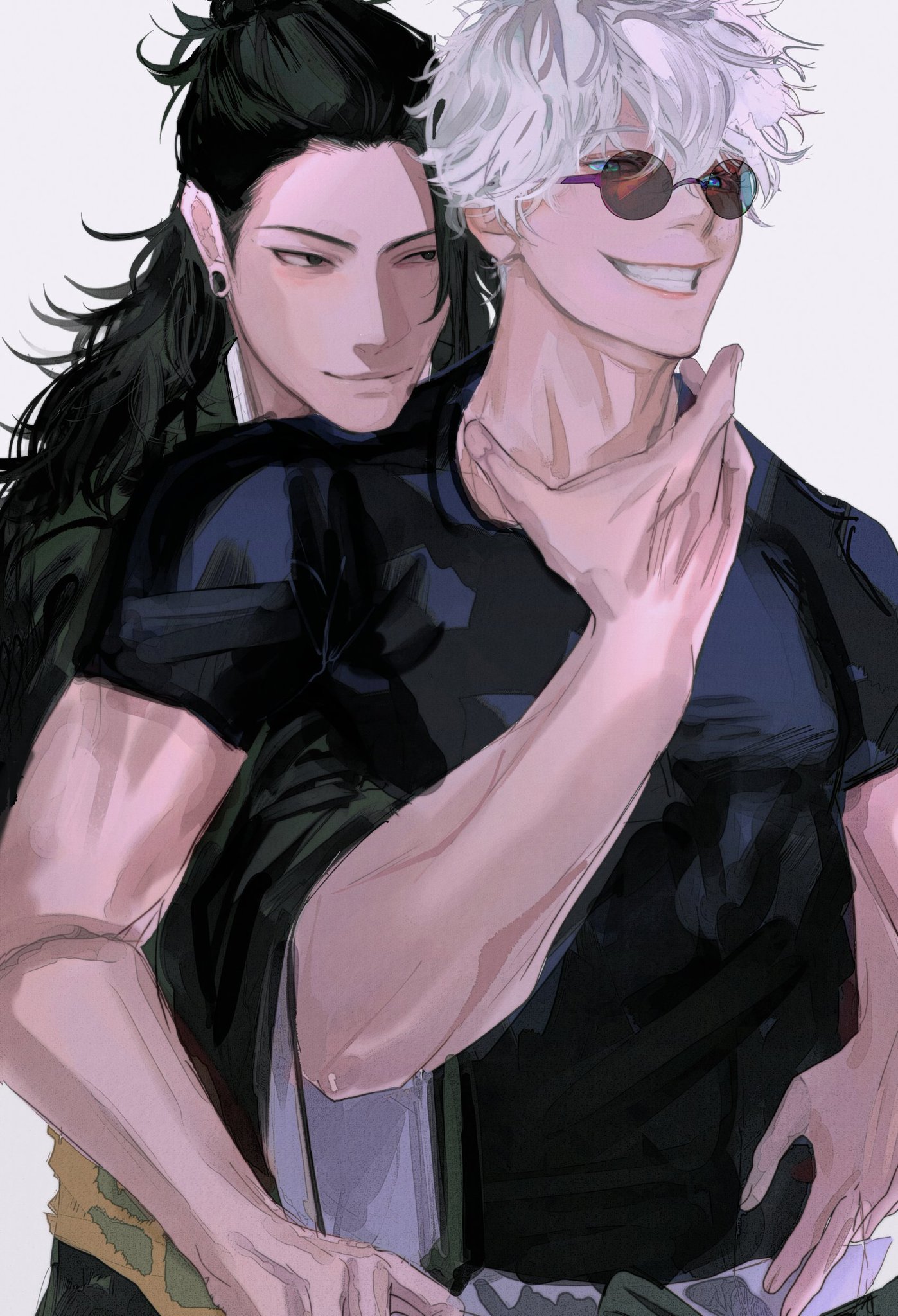 two anime boys are hugging, one with white hair and the other with black hair. the boy with white hair is wearing sunglasses and smiling. they are both looking at the camera. the image is a romantic scene.