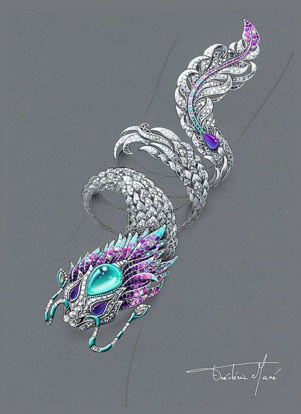 a drawing or sketch of a snakeshaped bracelet. the head of the snake features a large teal gem surrounded by purple and teal jewels. the body is made of white gold and diamonds. the tail ends in a featherlike design with purple gems. the drawing includes the signature "frederic mare".