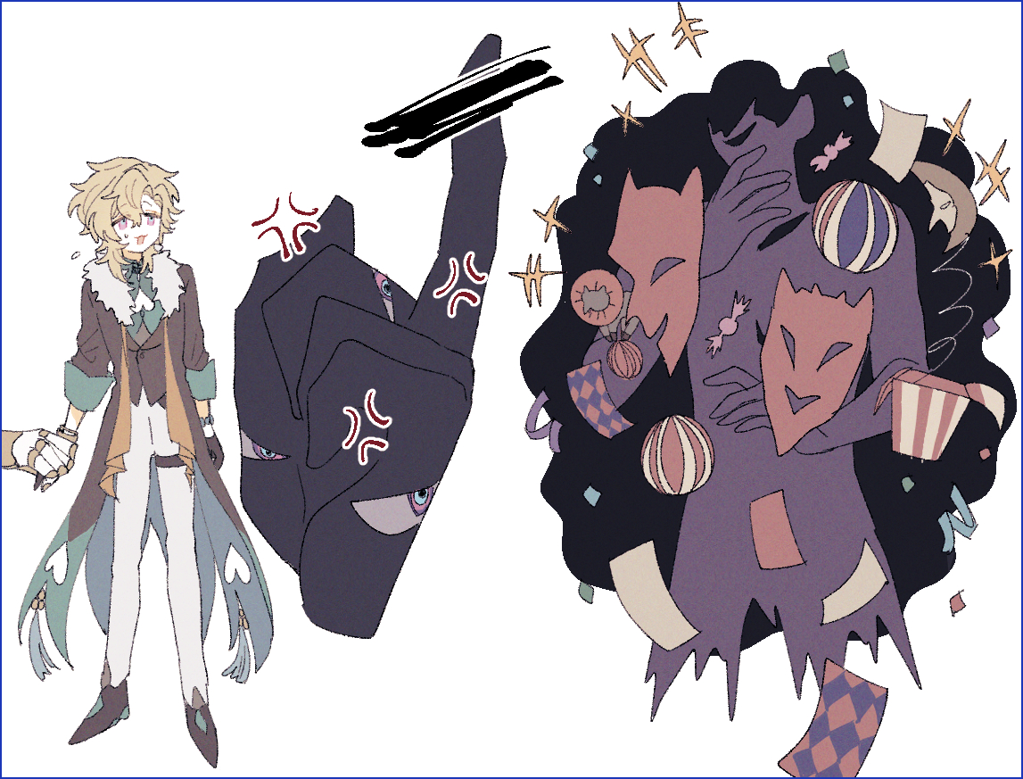he image is a stylized illustration featuring two distinct characters.  one is a slender, lighthaired young man dressed in an elaborate, somewhat victorianinspired outfit with teal accents and a long coat. he appears calm or perhaps mildly annoyed. the other is a more amorphous, shadowy figure draped in purple, surrounded by confetti, masks, and festive objects. this second figure is depicted with a large, angry hand gesturing toward the first character. the overall aesthetic is a blend of whimsical, slightly dark fantasy elements. the style is reminiscent of anime or manga, with flat colors and clean linework. the contrast between the calm, almost elegant first character and the chaotic, expressive second figure creates a compelling visual dynamic.
