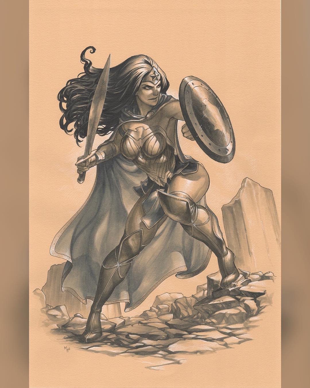 wonder woman is depicted as a fierce warrior. she is standing on a rocky ground, with a determined expression on her face. she is holding a sword in her right hand and a shield in her left hand. her outfit consists of a battleready bodice and kneehigh boots, with her signature cape flowing behind her. the art style is reminiscent of comic book illustrations, utilizing  bold lines and strong shading to create a dynamic and captivating image.
