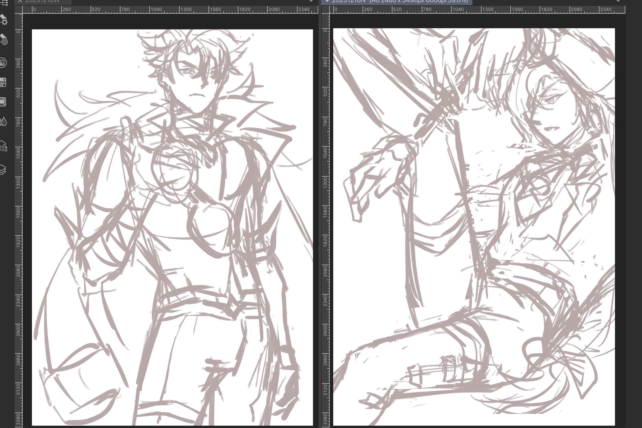 this is a digital sketch of an anime style couple, likely from a fantasy setting, in a dynamic action pose. one figure, male, is standing with their arms outstretched, the other, female, is in a dynamic pose with their legs extended, their back angled back, and their arms outstretched. the lines are rough and suggest an inprogress sketch.