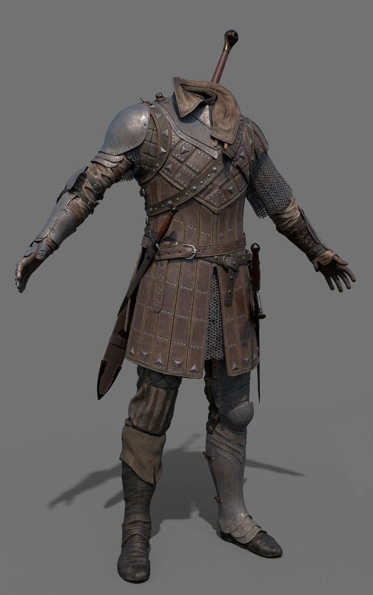 the image showcases a detailed 3d render of a headless medieval knight or soldier. the figure is wearing a sophisticated combination of leather and metal armor.  the armor consists of a leather cuirass (chest plate) with metal studs and plating, chainmail underneath, metal pauldrons (shoulder guards), and metal leg armor.  the character is armed with a sword sheathed on their back and a staff/polearm partially visible.  they are wearing boots and the overall design is reminiscent of a fantasy setting, possibly from a video game. the model is presented against a plain grey background, allowing for a clear view of the intricate detailing in the armor and clothing.