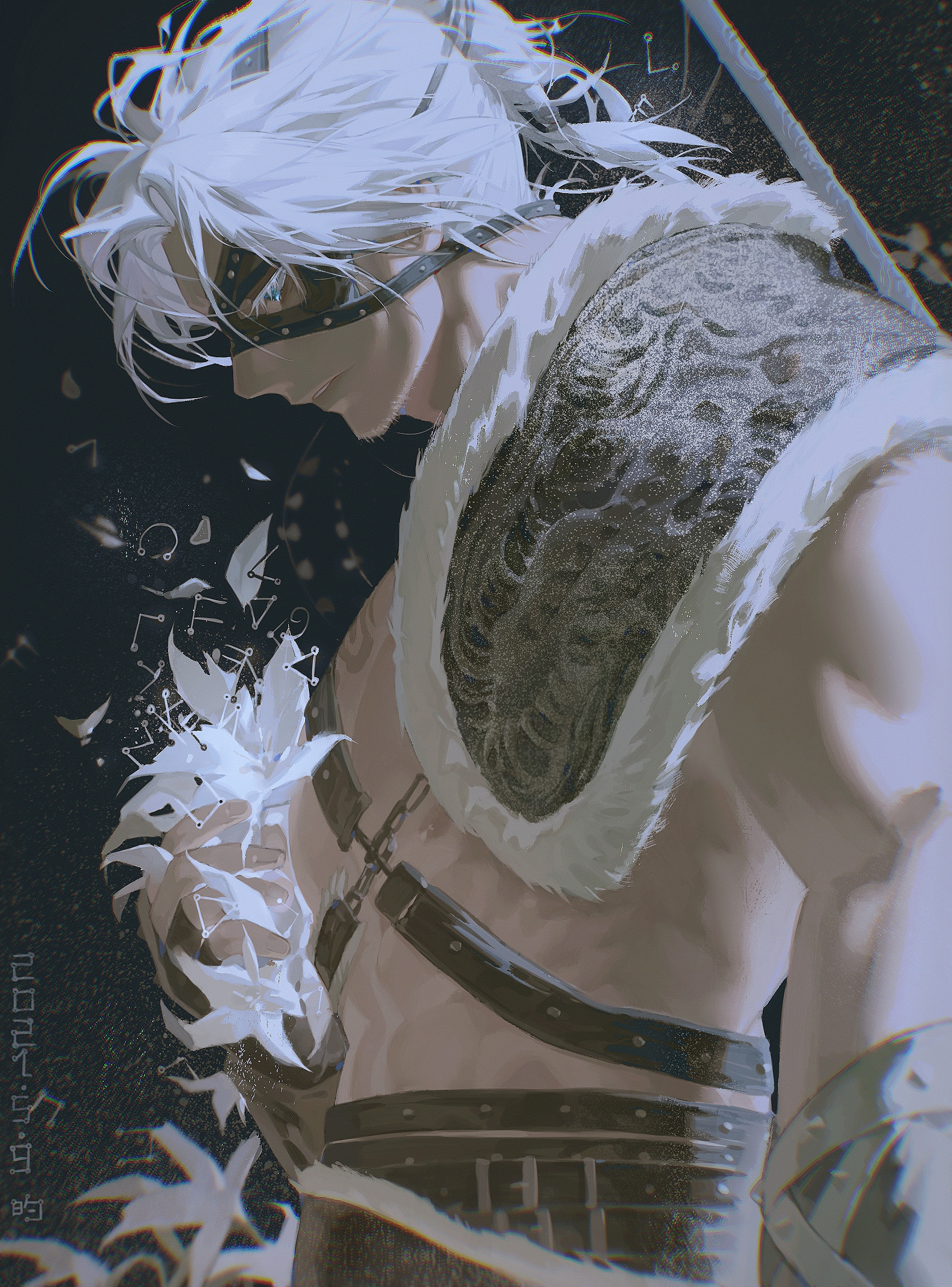 an anime character with white hair and a leather mask is shown in this artwork. he is wearing a furlined garment with a leather belt and a sword strapped to his side. the artwork is illustrated in a fantasy style.