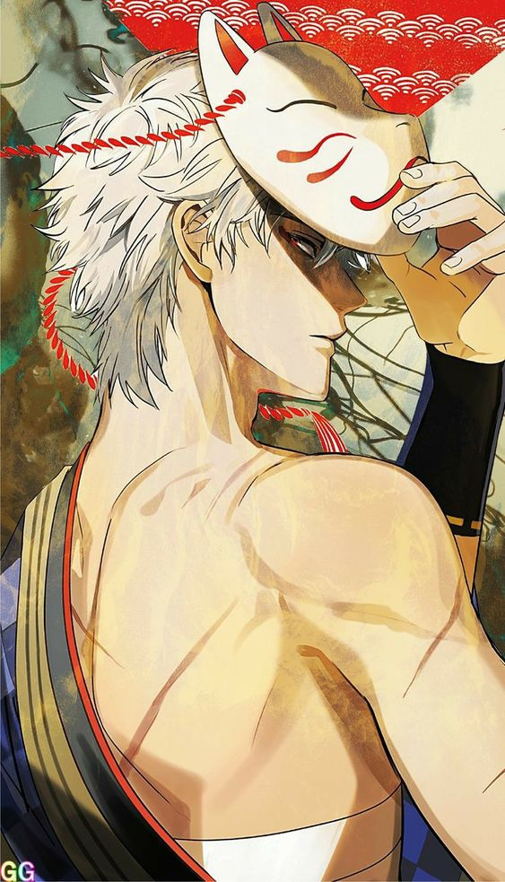 the image showcases a muscular young man with striking white hair, partially clad in traditional japanese attire. his back faces the viewer, his gaze turned over his shoulder, holding a red and white kitsune mask to his face. the artwork exudes an air of mystery and allure, with soft lighting highlighting the subject's physique and the intricate details of the mask.