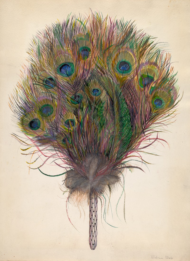 a watercolor painting on paper depicting a peacock feather fan by edna rex. the fan consists of a cluster of peacock feathers with distinct "eyes" at the top, arranged in a semicircular fashion. the base of the feathers is gathered and attached to a handle that appears to be wrapped or decorated with a chainlike pattern. the feathers showcase iridescent colors like blue, green, gold, and purple. the background is a plain, light beige color.