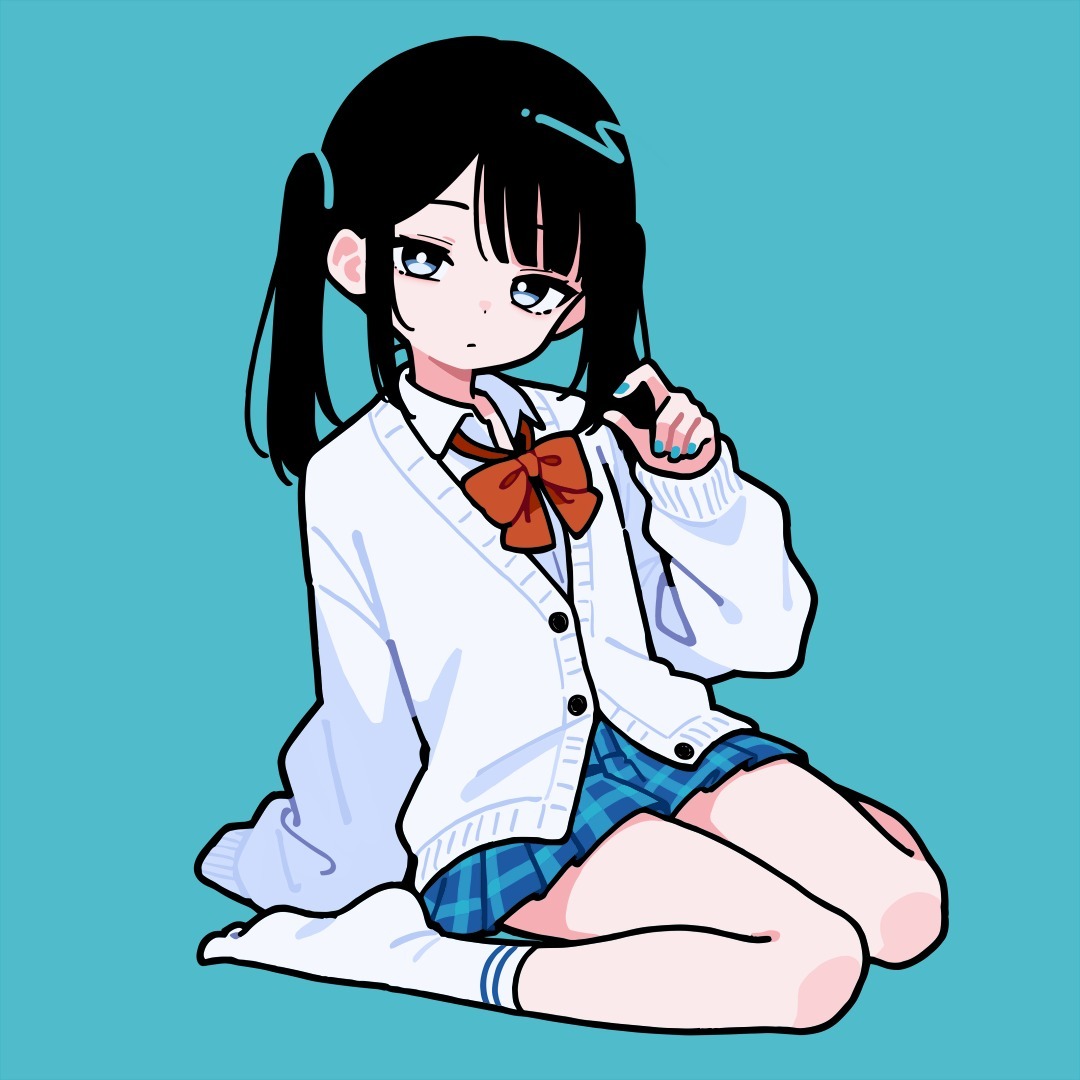 the image is a digital illustration of a cute animestyle schoolgirl. she has long black hair styled in pigtails, and is wearing a white cardigan over a blue and white plaid pleated skirt and white kneehigh socks.  she's sitting with her legs bent, one hand near her face, possibly holding something small. her expression is somewhat serious but still has a cute, kawaii aesthetic. the background is a solid teal color. the art style is characteristic of modern anime and manga illustrations, with clean lines and slightly exaggerated features.