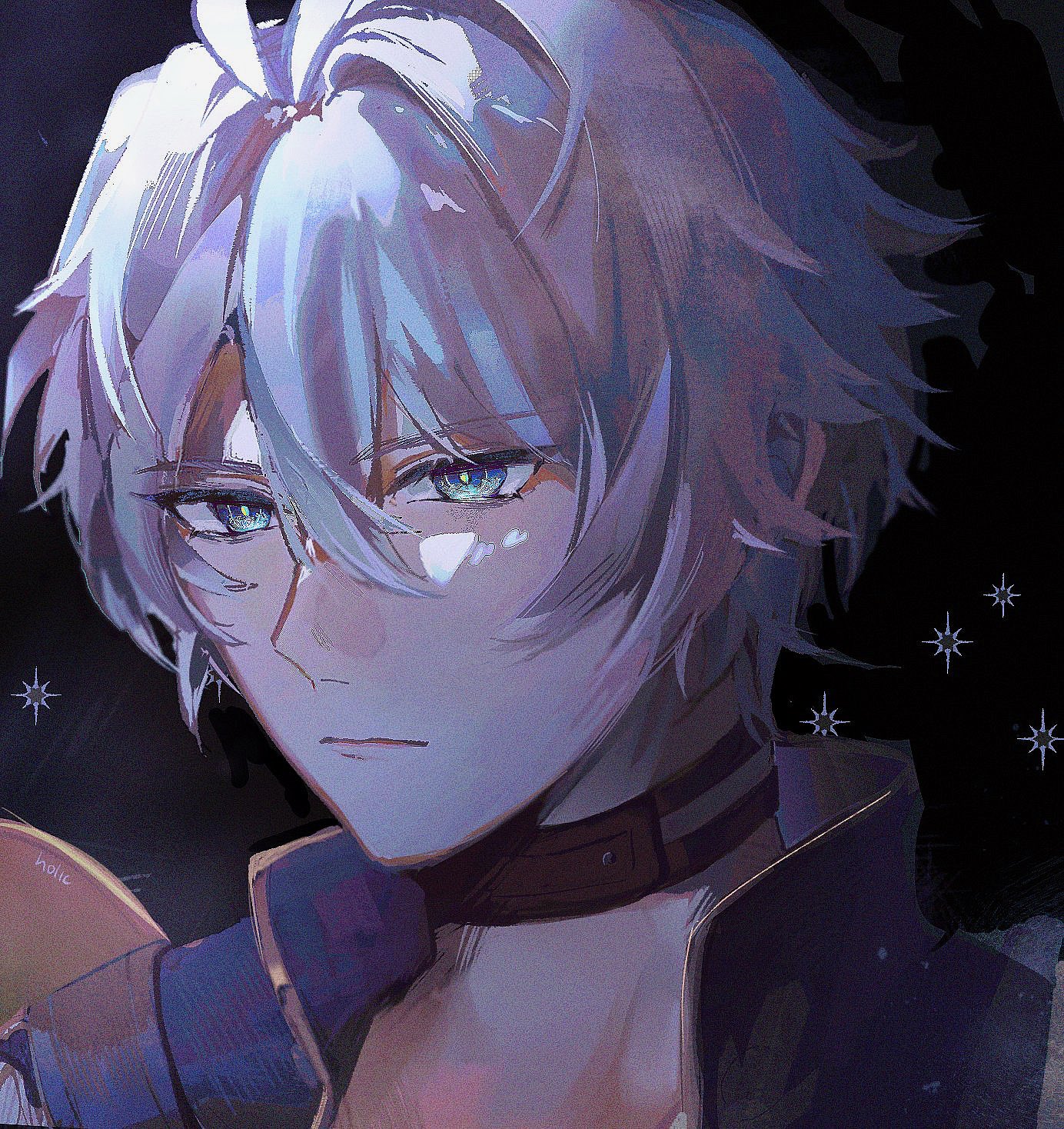 a digitally drawn animestyle portrait of a young man with white hair and blue eyes, wearing a dark collar. the background is black with small white stars. the style is painterly with visible brushstrokes.