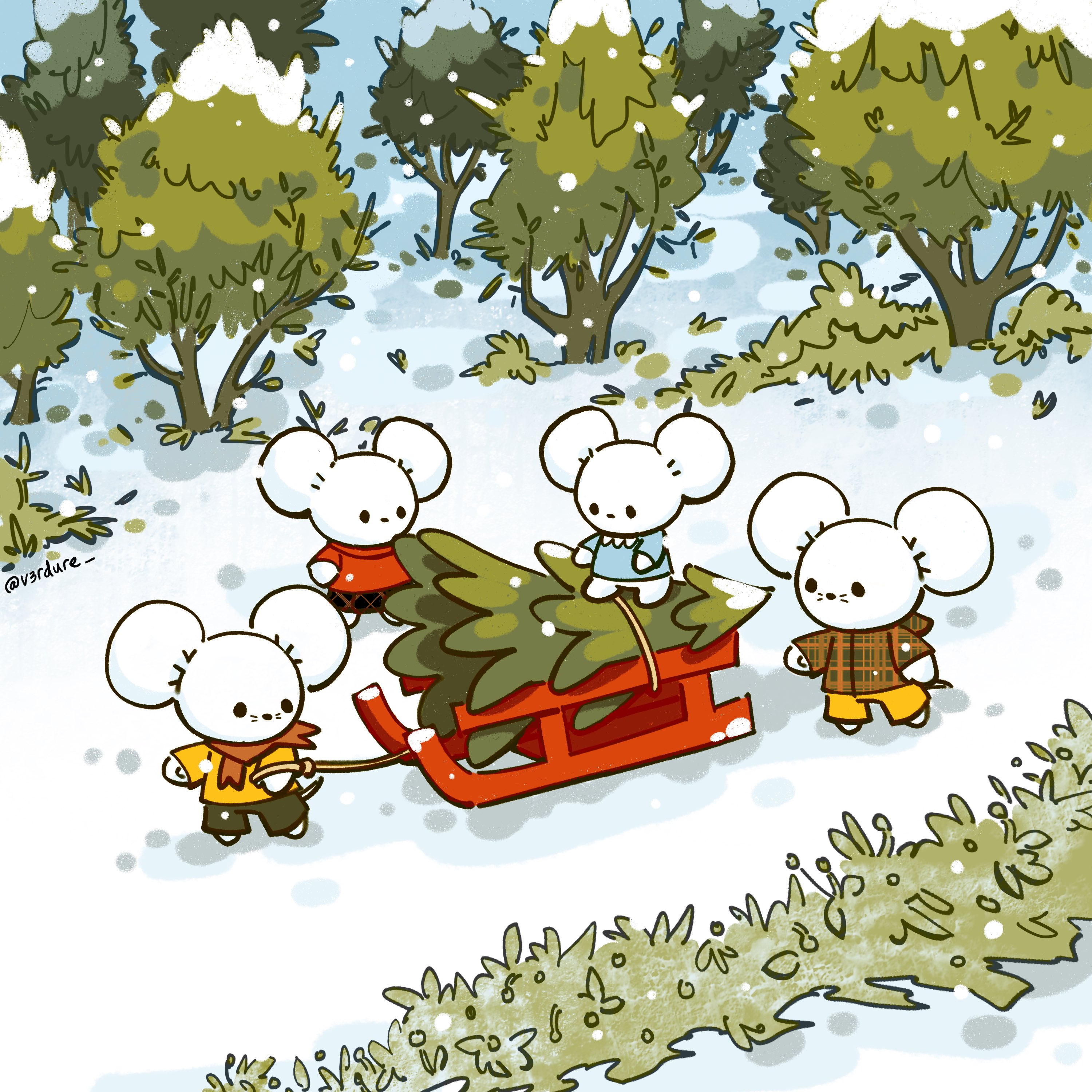 the image is a charming digital illustration depicting four cute cartoon mice in a snowy winter forest. they are dressed in warm clothes and are collaboratively pulling a christmas tree on a small red sled through the snow. the scene is filled with snowcovered trees and bushes, creating a cozy and festive winter wonderland atmosphere.  the art style is reminiscent of chibi or kawaii aesthetics, emphasizing cuteness and simplicity.