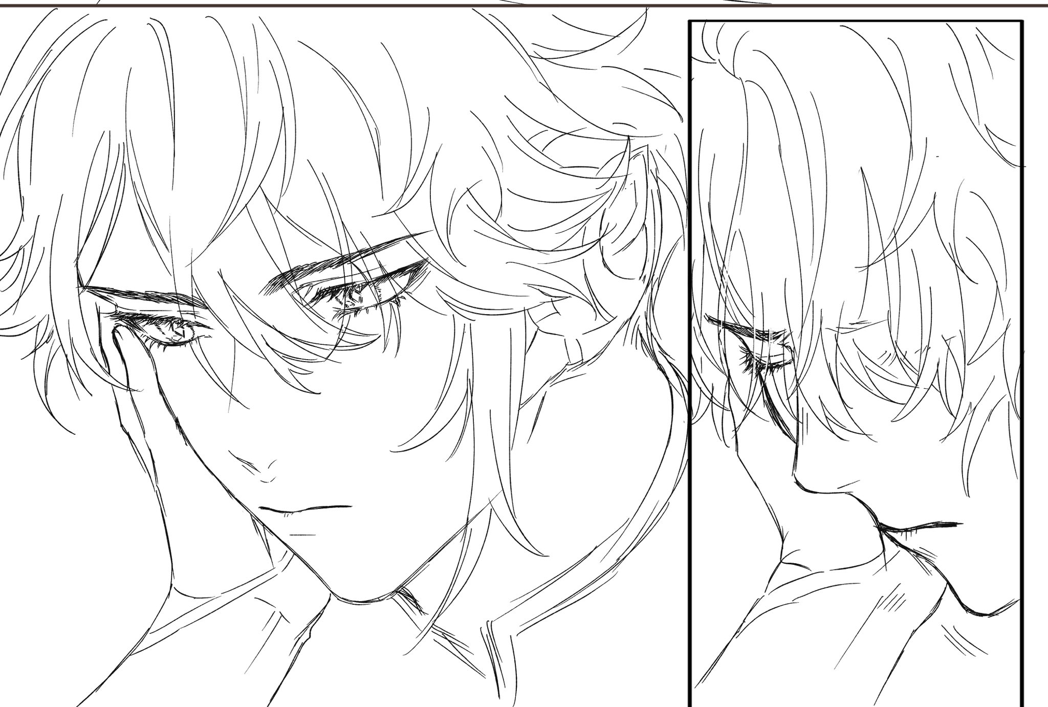 the image shows a black and white line drawing of two young men, possibly a couple, facing each other. the man on the left is looking down, with his hand on his cheek, while the man on the right is looking at the man on the left with a sad expression. the drawing is in a manga style. the men's hair is long and flowing, and their eyes are large and expressive. the drawing is very detailed and emotional. the background is simple, allowing the focus to be on the characters and their emotions. the drawing is in a romantic and heartbreaking style.
