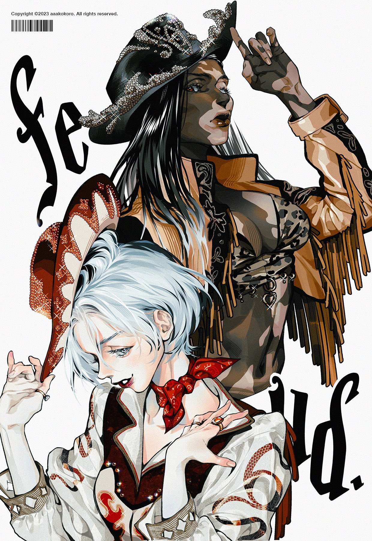 an illustration of two women styled in western fashion. they are both wearing white shirts with elaborate embroidery and fringe. the woman on the right is wearing a brown, fringe jacket, a black bra, and a black cowboy hat. the woman on the left is wearing a red scarf and a white cowboy hat. both women are looking at the viewer with a confident and stylish demeanor.