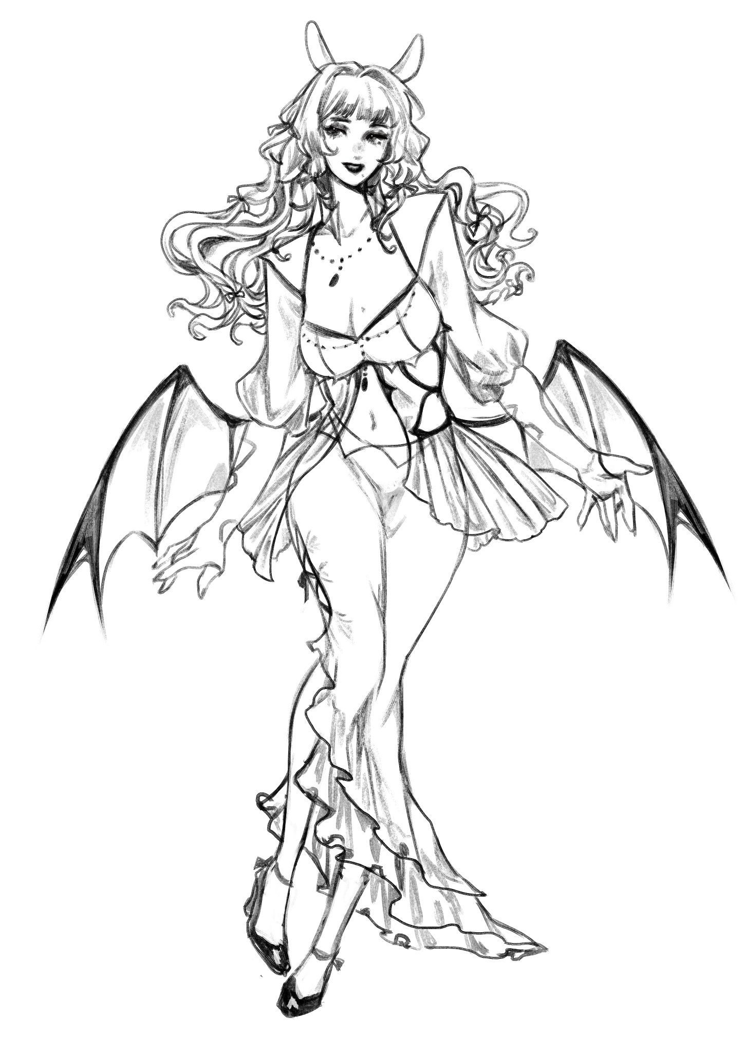 a black and white drawing of a woman with demon wings and a flowing dress. she is looking at the viewer with a seductive smile.  she is wearing a dress with ruffles.  her wings are large and spread out behind her.  she is standing with one leg crossed in front of the other and her arms slightly raised.