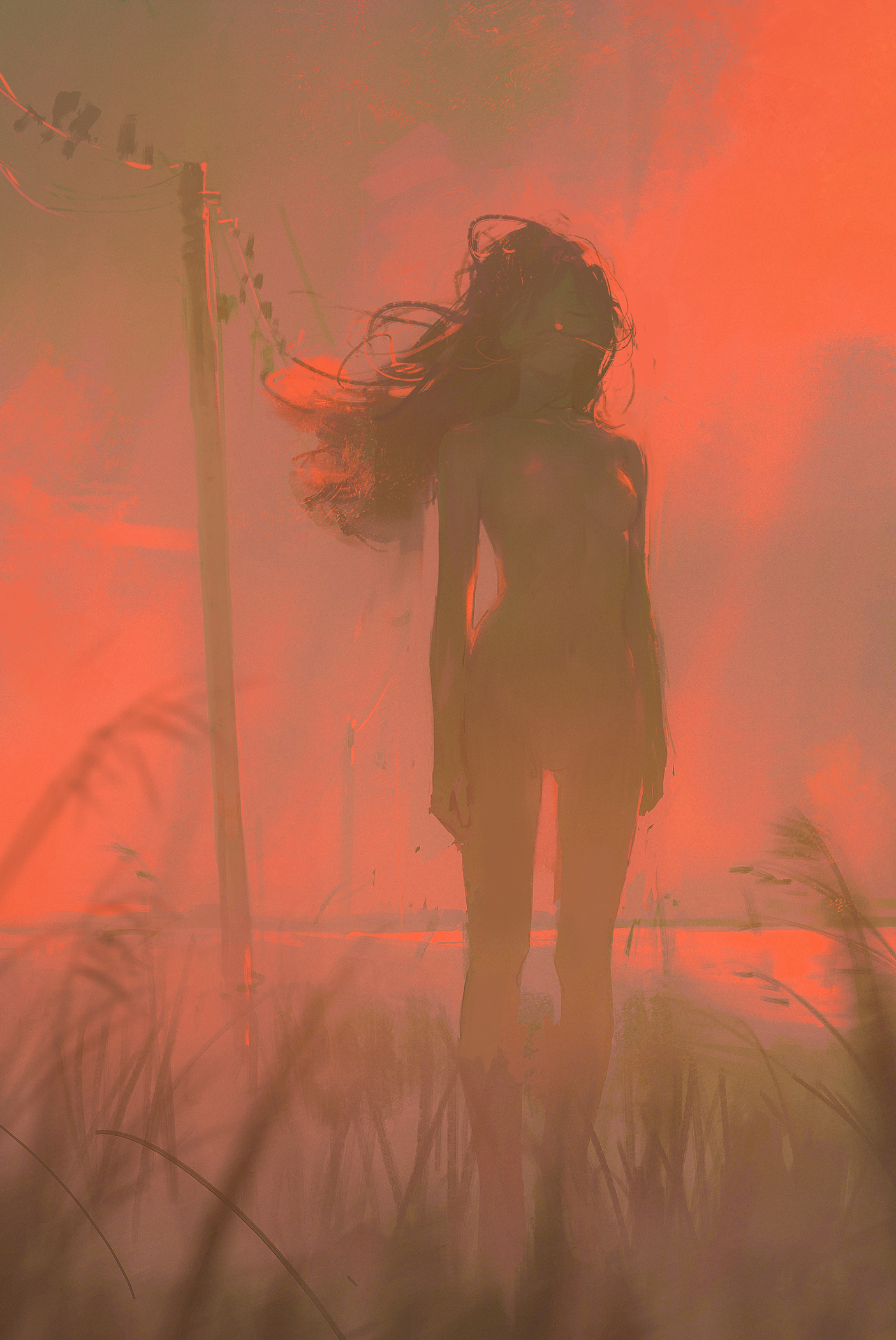 a woman stands in a field of tall grass, her silhouette outlined against a red sunset sky. her hair blows in the wind, creating a sense of movement and ethereal beauty. the scene is bathed in a soft, golden light, giving it a dreamy and mysterious feel.