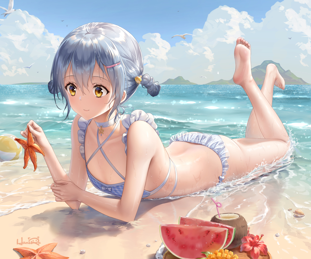the illustration depicts a cute anime girl with light blue hair and yellow eyes lying on a sandy beach.  she's wearing a light blue and white frilly bikini and is holding a starfish.  the ocean waves gently lap around her.  in the foreground are slices of watermelon, a coconut drink with a pink straw, and a tropical flower arrangement, suggesting a relaxing summer vacation scene. the overall style is soft, colorful, and emphasizes the character's kawaii aesthetic.