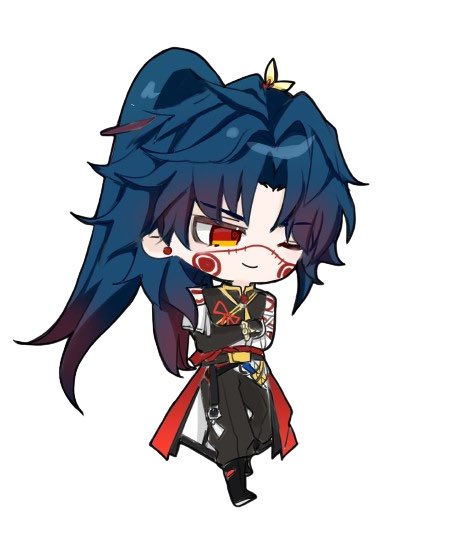 this is a digital illustration of a male anime character. the character has long blue hair and a red bow on his head. he's wearing a black and white outfit with a red sash around his waist. he has red eyes and is looking to the right of the image. he's standing on one leg with his other foot resting on his knee. the background is white.
