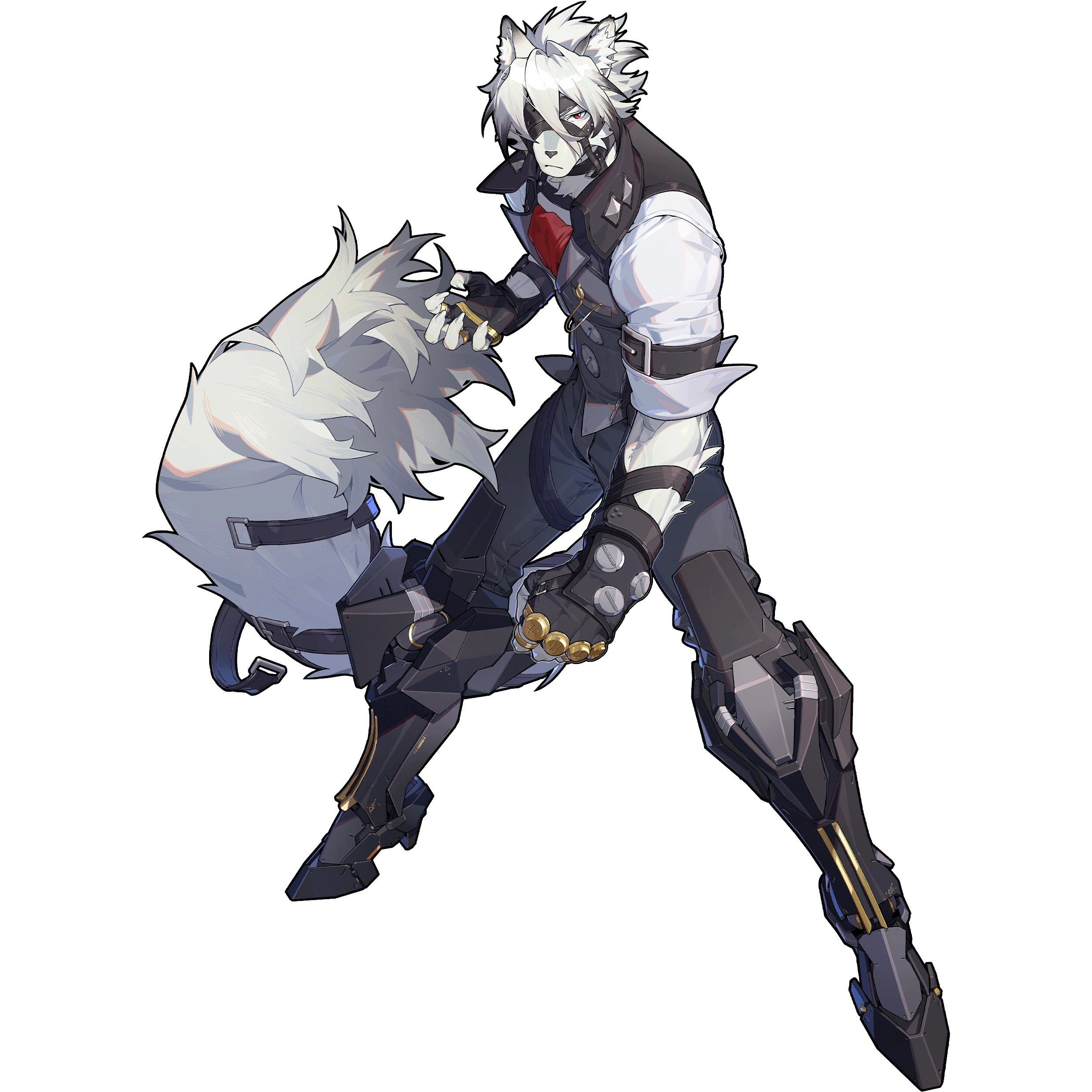 this is artwork of happy chaos from the video game guilty gear strive. he is depicted in a dynamic fighting pose, his white fur and black clothing contrasting sharply. his robotic leg enhancements are clearly visible, along with his unique animalistic features. the style is characteristic of anime and manga, with detailed linework and vibrant coloring.  the image is a clean render of the character, likely from promotional material or ingame assets.