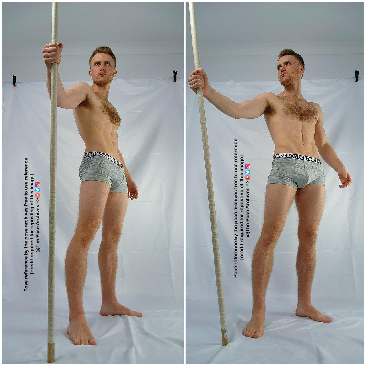 a male model is posing for a reference photo. he is standing and holding a pole. he is shirtless and wearing gray underwear. the background is white. the image is a composite of two photos, one with the model facing left and one with the model facing right.
