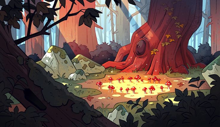 the image is a whimsical illustration of a magical forest scene. the focal point is a cluster of glowing red mushrooms nestled in a clearing at the base of a large, red tree. sunlight streams through the trees, illuminating the mushrooms and creating a warm, inviting atmosphere. the forest is lush and vibrant, with various types of trees, rocks, and plants. the style of the artwork is cartoonish and stylized, with bold colors and soft lines. the overall mood is peaceful and enchanting.