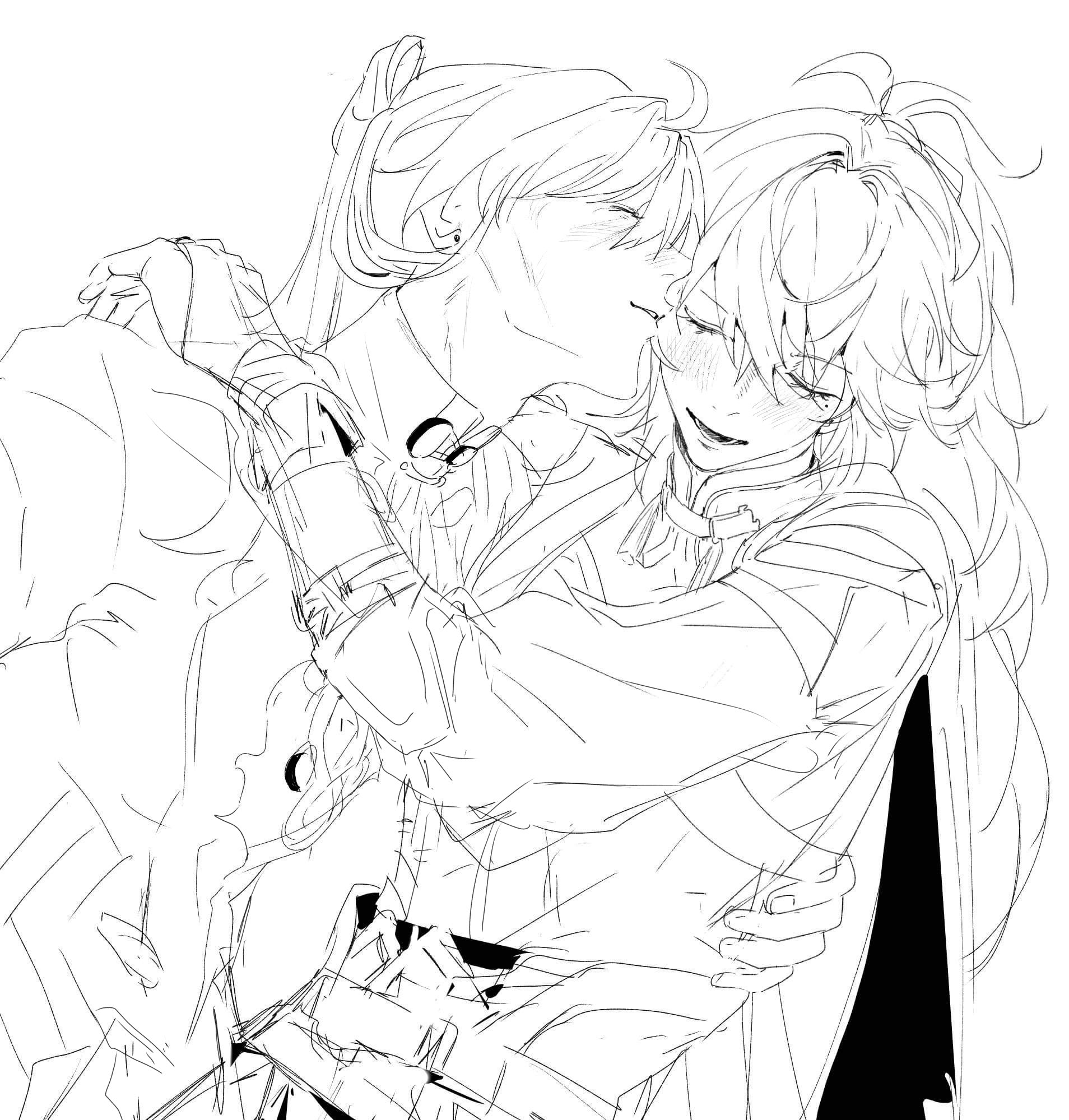 a black and white sketch of a couple hugging, with one character kissing the other on the cheek. they are both animestyle characters, and the drawing is very detailed.