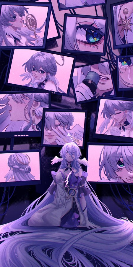 a digital illustration of a young woman with long, purple hair and white wings. she is wearing a flowing white dress and has closed eyes. the image is set against a background of framed images of other girls with similar hairstyles and outfits. the image is a stylized fantasy illustration with a magical and dreamy feel.