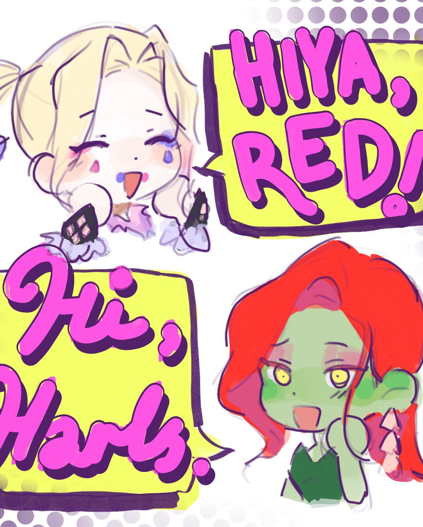 this is a comicstyle illustration with two female characters. both are drawn with large eyes and rosy cheeks. one of the girls has blonde hair, and she is wearing a red and black outfit and is smiling. the other girl has long red hair and green skin and is smiling widely. she is wearing a green and black outfit. both girls have speech bubbles coming out of their mouths.