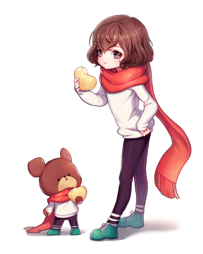 an anime girl with brown hair wearing a red scarf is holding a heartshaped object while standing next to a brown teddy bear who is also wearing a red scarf and holding a heartshaped object. the girl has black pants and a white shirt. the background is white.  the teddy bear is cartoonlike and the girl is drawn in a cute anime style.
