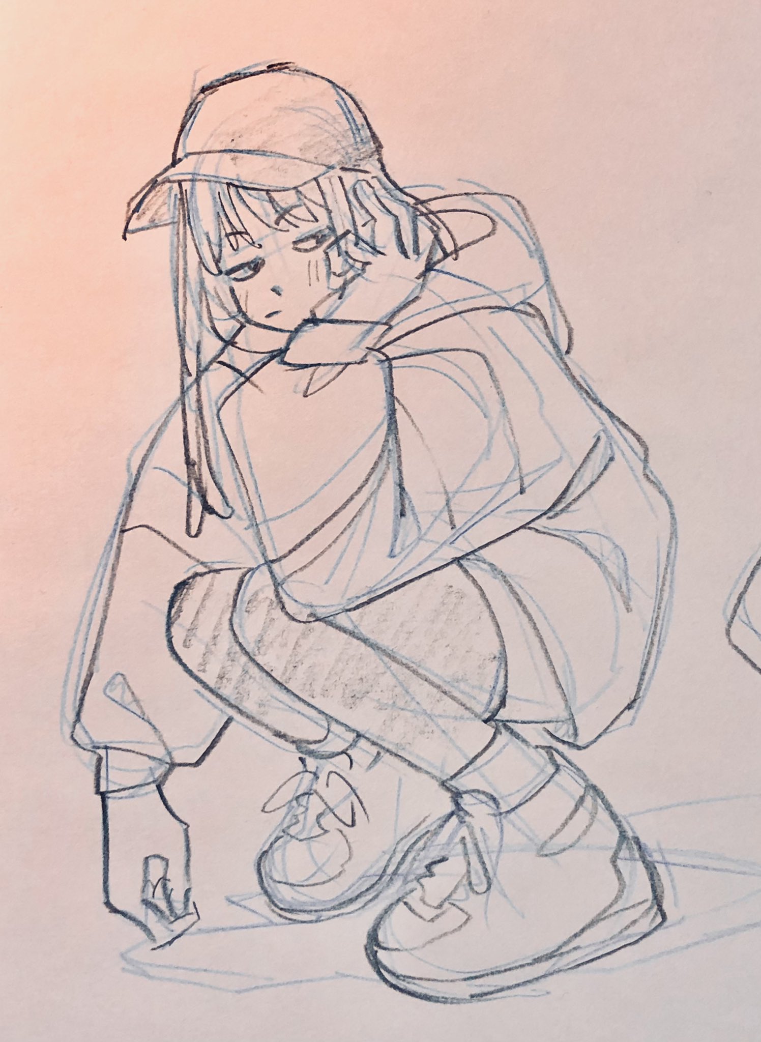 a stylized pencil sketch of a girl wearing a cap and hoodie, sitting on the ground while looking tired or bored. the drawing showcases a loose and expressive style with visible line work. the girl is drawn with her head resting on her hand, and her legs are pulled up close to her body. the overall mood of the sketch is one of contemplation or melancholy.