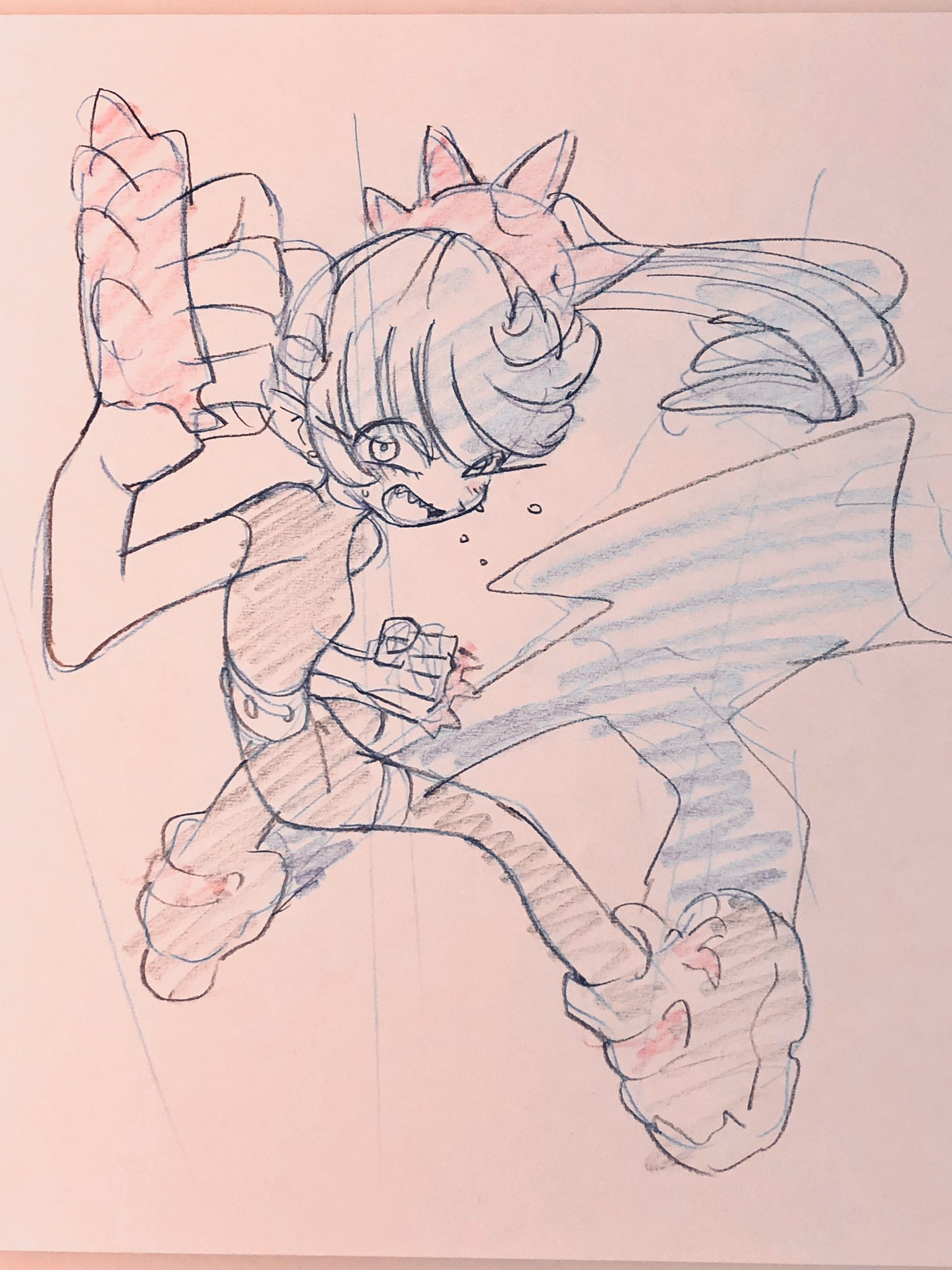 a dynamic sketch of an anime girl with blue hair in a fighting pose, about to be hit by a large hand. the sketch is done in blue, red, and black pencil on a light pink background, creating a sense of action and movement.
