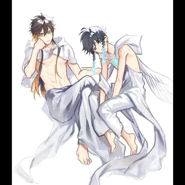 the image is a digital illustration of two young male anime characters. both are dressed in white, ethereal clothing. one is a blond, with white wings, while the other has teal hair and cyan eyes. they appear to be floating in midair, possibly angelic in nature. the artwork is done in a soft, almost whimsical style.