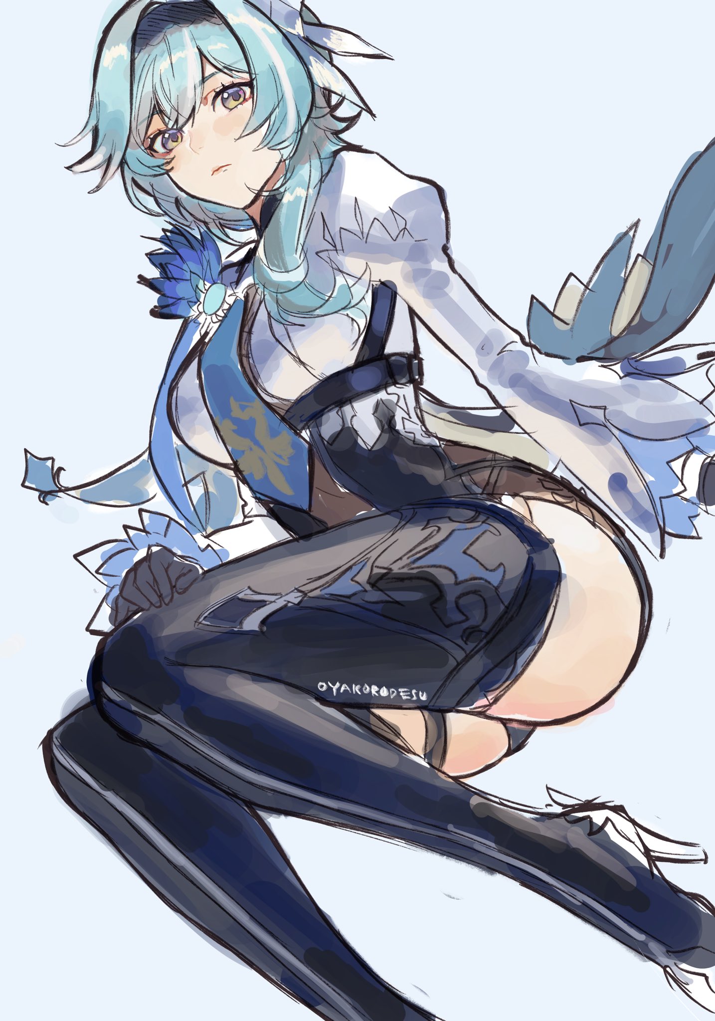 a digital illustration of an anime girl with blue hair wearing a white dress with a blue bow, black tights, and white wings. she is sitting with her legs crossed and looking to the side.
