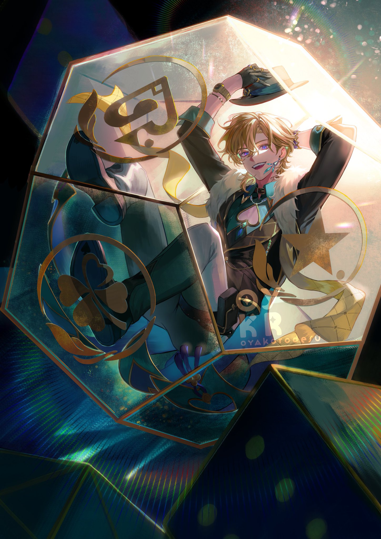 a young man with blonde hair and blue eyes sits inside a glass box with glowing, golden suits of cards. he is wearing a dark green, purple, and black outfit. the glass box looks like a giant die. he leans back with a smug look on his face.
