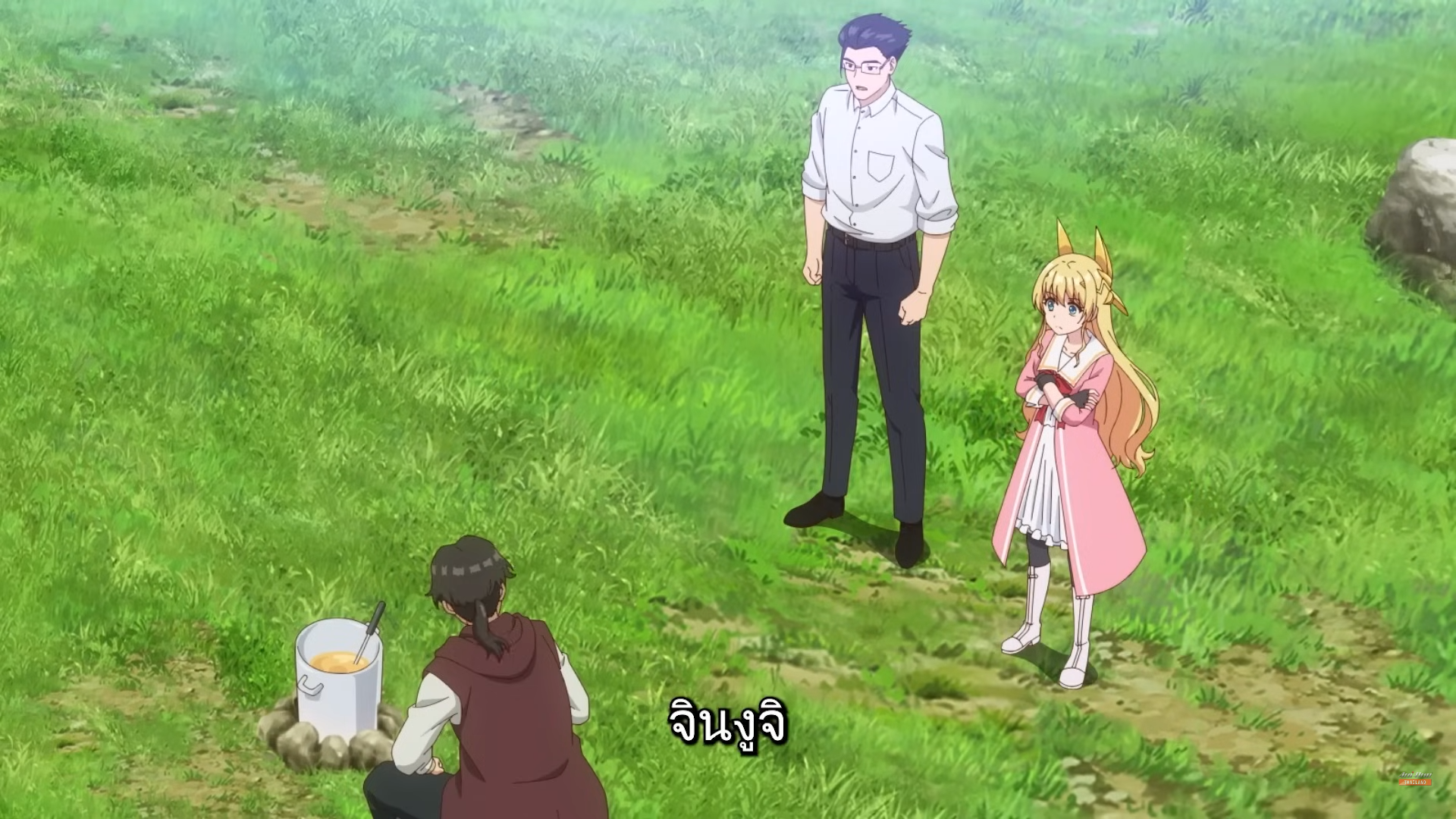 in a verdant field, a young girl with long blonde hair and a pink dress stands between two men. the man on the left, kneeling, offers her a bowl of food, while the man on the right, standing with his hands clasped, observes the scene. the image suggests a peaceful, pastoral setting. the lighting is bright and natural, highlighting the lush greenery of the field.