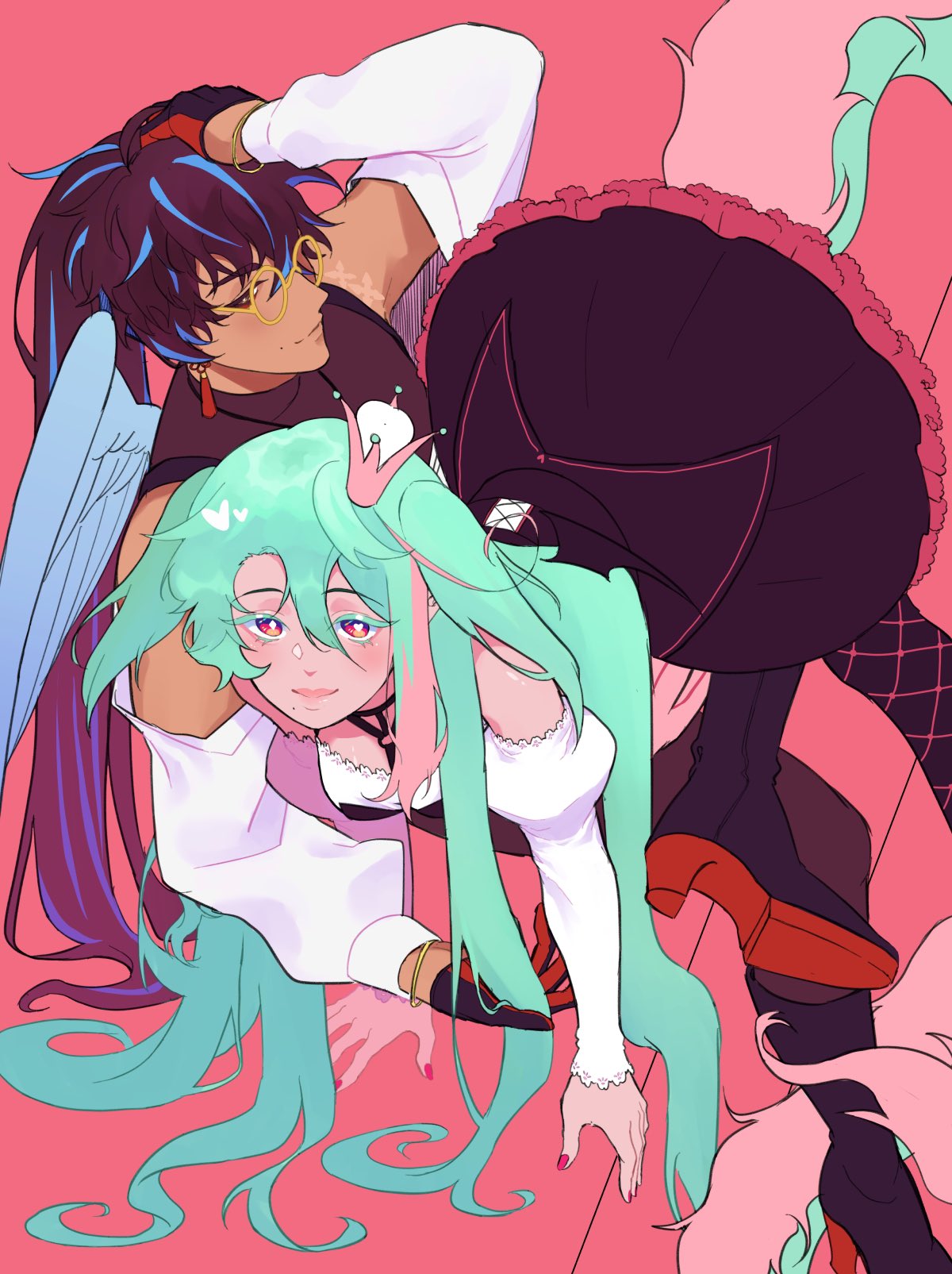 the image shows a closeup of two anime girls. one with long green hair and a white dress, and the other with black hair and a black dress. the girl with the white dress is in a sitting position with her long hair spread out behind her. she is looking at the viewer. the other girl is kneeling with her arms around the first girl and has her head leaning against her. she is looking at the first girl. the background is a solid pink. the two girls are dressed in elegant clothes with colorful jewelry.