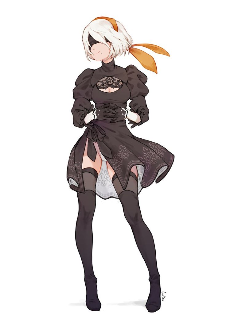 the image is a digital illustration of an anime girl with white hair and black dress. she is wearing a black dress that is cut out in the front and has a floral design. the dress is also tied at the waist and has a slit up one side. she is wearing black stockings and black boots. she is standing with her hands clasped together and her head looking down. she has an orange ribbon in her hair. the background is white.