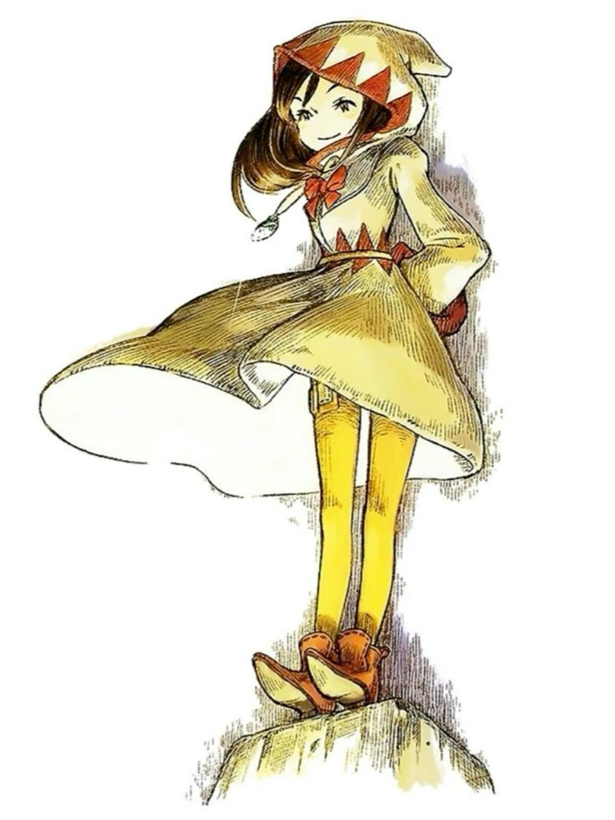 the image is a fullbody artwork illustration of a female character resembling vivi ornitier from final fantasy ix. she is standing on a small rock formation. the character is wearing a yellow hooded cape, boots, and yellow leggings. the hood has a red and white triangular pattern around the edge. she also has a red bow around her waist. the style of the artwork suggests it is from a video game or fantasy illustration.