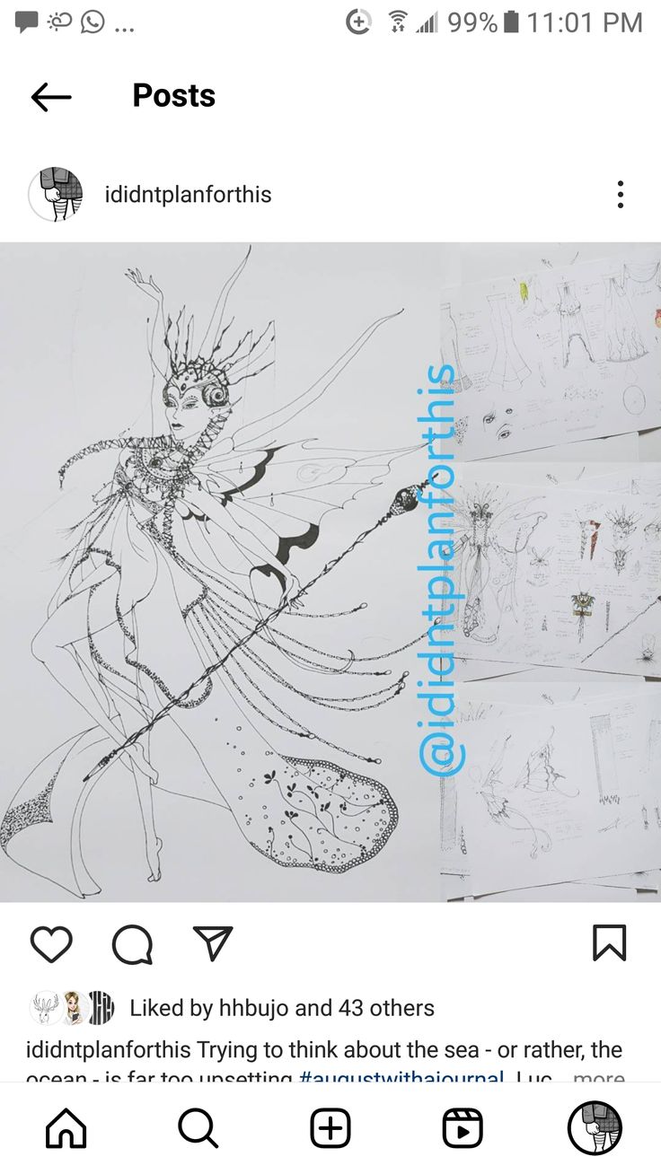 the image is a screenshot of an instagram post featuring a detailed ink drawing of a fairylike figure. the figure is adorned with intricate clothing and a headpiece, and holds a staff. the post includes the username of the artist, @ididntplanforthis, and a caption about thinking about the sea. the post also includes engagement metrics like likes and comments. the image also reveals other drawings and sketches in the background, suggesting it's from a sketchbook or art journal. the overall style is reminiscent of fashion illustration or concept art.