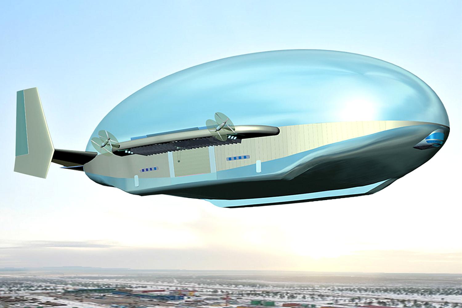 this image shows a concept design for a futuristic airship, shaped like a blimp with a sleek, modern design. the airship is flying over a cityscape, with the horizon and sky visible in the background. the airship has a transparent top and is equipped with several propellers.