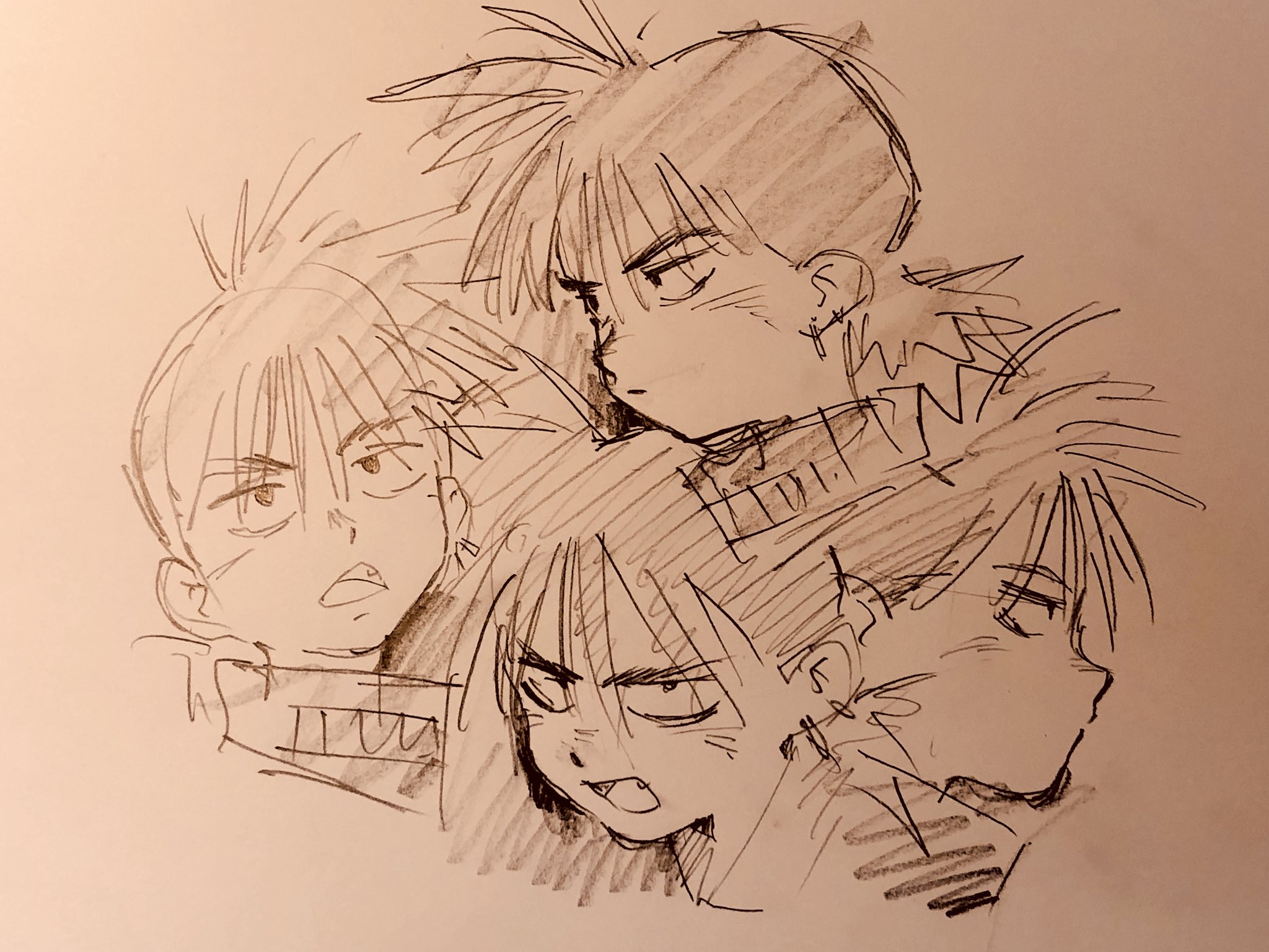 the image is a sketch of four young men drawn in a manga/anime style. they are clustered together, their heads close, each with a different expression on their face. the overall tone is serious, possibly even angry.  the drawing is done in pencil on tan paper.