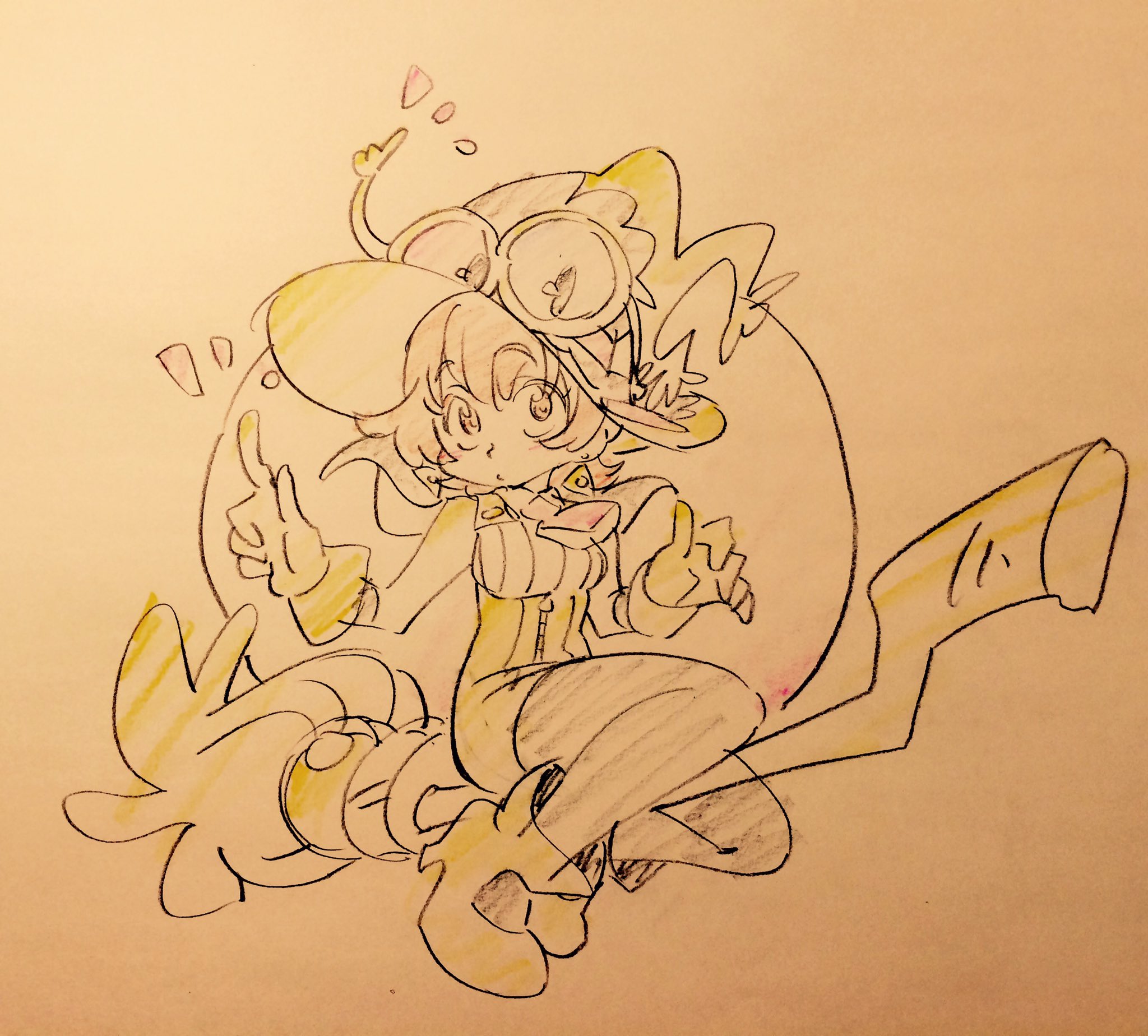 a colored sketch of an inkling girl riding an octoling girl drawn in a cartoon style. the inkling girl has short hair and is wearing a hat with goggles on top. she is giving a peace sign with both hands. the octoling girl has long hair tied in a ponytail and is making a funny face. the image appears to be fan art.