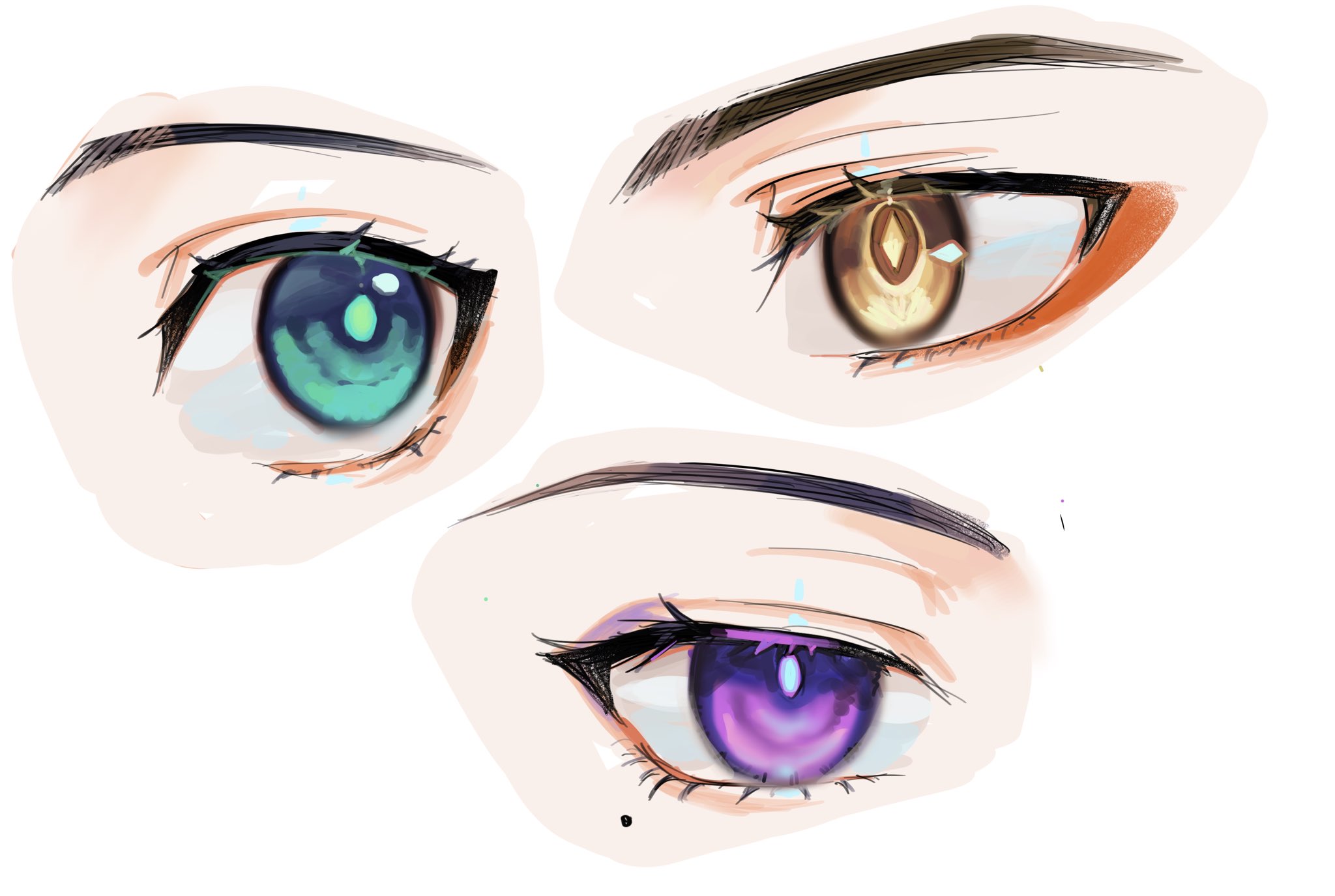the image showcases three different anime eyes, each with a distinct color scheme: one with green, another with brown, and the third with purple. the eyes are meticulously drawn, highlighting the details of the iris, pupil, and eyelashes. the white background emphasizes the vibrant colors of the eyes. overall, the image is a vibrant and captivating portrayal of anime eyes, showcasing the artistic beauty and individuality of this style.
